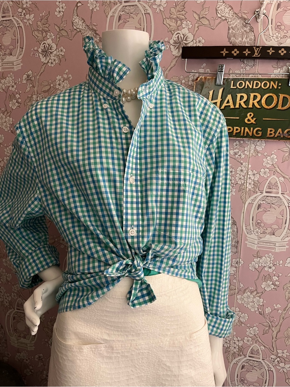 Upcycled men’s J Crew Blue &green  gingham collar button down shirt.